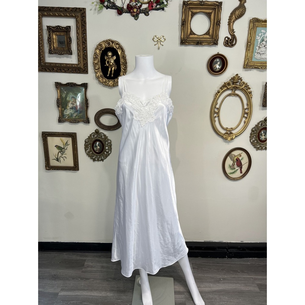 California Dynasty Vintage White Liquid Satin Embroidered Slip Dress Medium